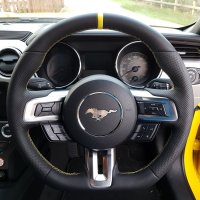 Mustang GT, 2017 – Thicker + Thumb Grips Added + Flat bottom, Perforated leather on sides, Nappa topbottom + Yellow stripe at 12 o’clock , Yellow stitching 1
