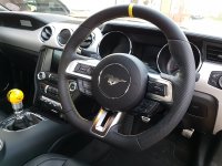 Mustang GT, 2017 – Thicker + Thumb Grips Added + Flat bottom, Perforated leather on sides, Nappa topbottom + Yellow stripe at 12 o’clock , Yellow stitching 2