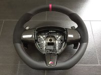 Jaguar F,XK R - Modification ( Thicker, Thumb grips added with Flat bottom),  Black Alcnatara 9040 on sides, Smooth leather topbottom + Pink centre stripe, Pink 1417 and White stitching 1