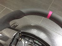Jaguar F,XK R - Modification ( Thicker, Thumb grips added with Flat bottom),  Black Alcnatara 9040 on sides, Smooth leather topbottom + Pink centre stripe, Pink 1417 and White stitching 2