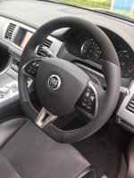 Jaguar XF 2011 (facelift ) - Thumb grips built up + Flat bottom, Perforated leather on sides,Black Alcantara top-bottom, Dark grey 415 stitching - 2
