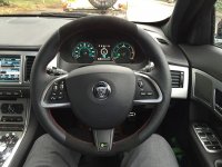 Jaguar XF, XK facelift - thicker 2mm, thunb grips added, perforated leather on sides, Black alcantara top-bottom, red stitching