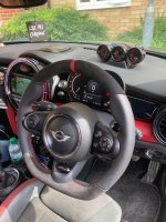 Mini-F56-JCW-Modificaiotn-with-Flat-bottom-Perforated-leather-on-sides-Alcantara-topbottom-Red-centre-stripe-Red-stitching-3