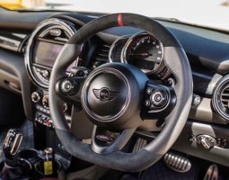 Mini-F56-JCW-Modificaiotn-with-Flat-bottom-Perforated-leather-on-sides-Alcantara-topbottom-Red-centre-stripe-Red-stitching