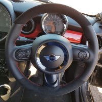 MINI-R56-2009-JCW-No-Paddles-Padded-Smooth-grainy-leather-on-sides-Dark-grey-Alcnatara-topbottom-Red-stitching-1