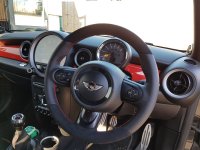 MINI-R56-2009-JCW-No-Paddles-Padded-Smooth-grainy-leather-on-sides-Dark-grey-Alcnatara-topbottom-Red-stitching-3