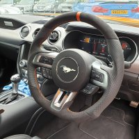 Mustang-2015-2018-Manual - Modification with Flat bottom + PROFILES, Perforated leather on sides, Black Alcantara 9040top-bottom + Orange centre stripe, Orange stitching  2