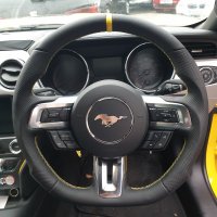 Mustang GT 2015-2018 – Modification with Flat bottom + PROFILES, Perforated leather on sides, Smooth top-bottom + Yellow centre stripe, Yellow stitching  1