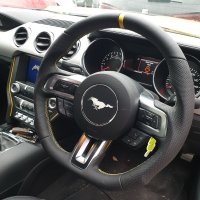 Mustang GT 2015-2018 – Modification with Flat bottom + PROFILES, Perforated leather on sides, Smooth top-bottom + Yellow centre stripe, Yellow stitching  2