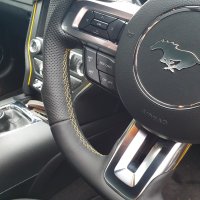 Mustang GT 2015-2018 – Modification with Flat bottom + PROFILES, Perforated leather on sides, Smooth top-bottom + Yellow centre stripe, Yellow stitching  3