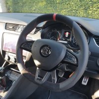 Octavia-mk3-VRS-FB-with-Paddles-Slightly-thicker-Perforated-leather-on-sides-Alcantara-9040-topbottom-Red-centre-stripe-Red-stitching-2