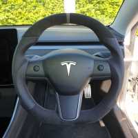 Tesla-3-2020-Full-modification-with-Flat-bottom-PROFILES-Perofrated-leather-on-sides-Dark-grey-Alcantara-9002-top-bottom-Grey-centre-stripe-Grey-415-stitching-1