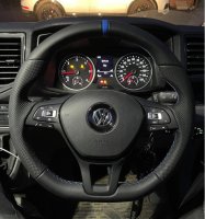 VW-Crafter-2020-Plastic-with-MF-buttons-Thicker-Thumb-grips-added-AMG-style-Perforated-leather-on-sides-Smooth-top-bottom-Blue-centre-stripe-Blue-1318-stitching-