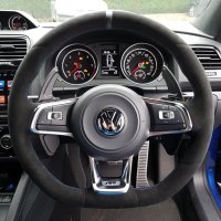 Golf R mk7 ( with paddles ) – Black Alcantara 9040 + Black centre stripe, Blue 1078 stitching 3