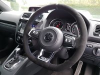 Golf R mk7 ( with paddles ) – Black Alcantara 9040 + Black centre stripe, Blue 1078 stitching 2