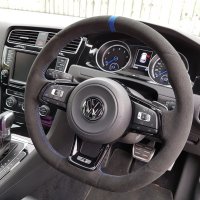 Golf R mk7 ( with paddles ) – Black Alcantara 9040 + Blue alcantara centre stripe, Blue 1078 stitching 1